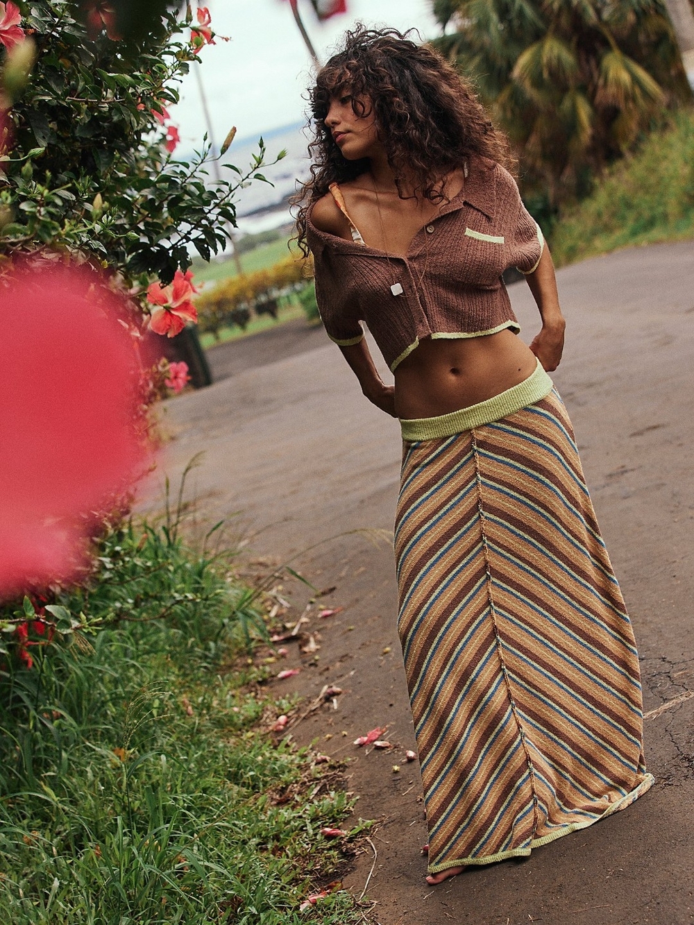 Free People Brown Striped Maxi Skirt with Lime Waistband